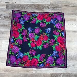 Vintage Floral Silk Scarf Navy Pink Bold Print Square Y2K Euro Chic